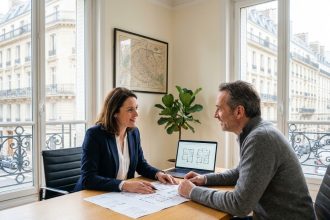 Consultante immobilière parisienne accompagnant un bailleur propriétaire lors d'un rendez-vous de gestion locative dans une agence moderne