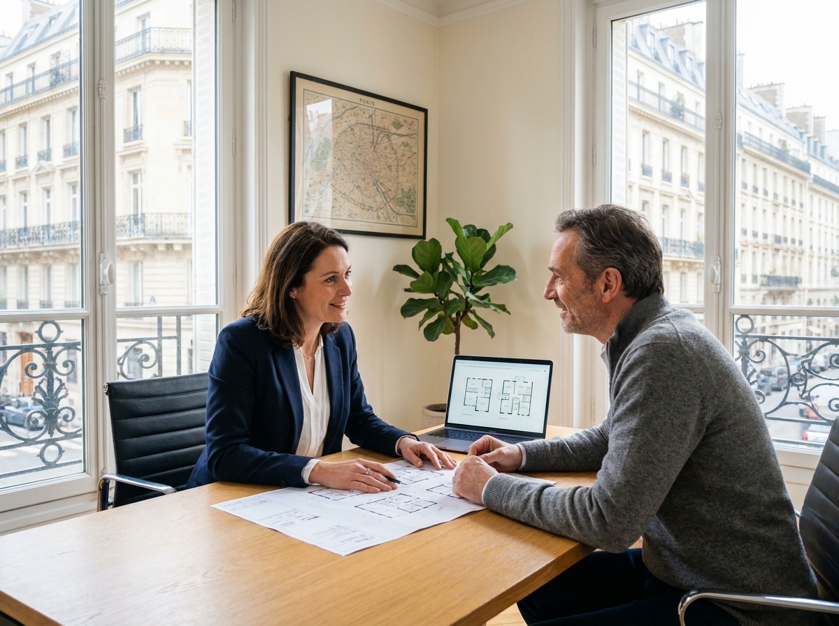 Consultante immobilière parisienne accompagnant un bailleur propriétaire lors d'un rendez-vous de gestion locative dans une agence moderne