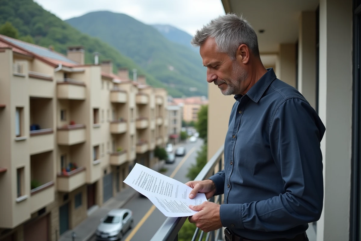 Homme consultant des documents immobiliers sur un balcon à Andorre la Vieille