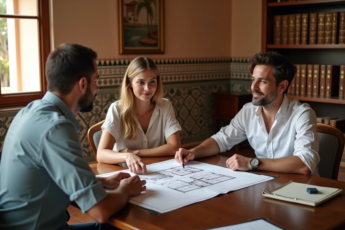 Couple visitant un notaire pour l'achat d'un petit riad à Marrakech avec des documents de propriété et un plan de bien posés sur le bureau