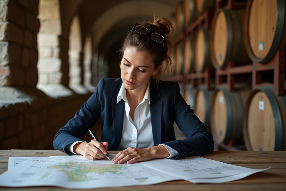 Femme étudiant des documents d'achat de vignoble dans un chai bordelais traditionnel avec des barriques de chêne en arrière-plan