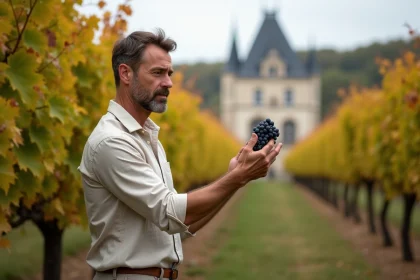 Futur propriétaire de vignoble bordelais examinant des grappes de Merlot dans une parcelle en automne avec un château en arrière-plan