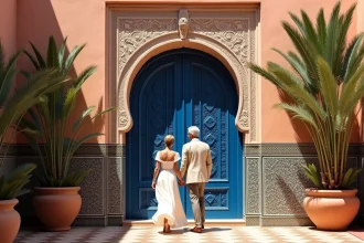 Couple visitant l'entrée d'une villa traditionnelle marocaine à Marrakech avec porte en cèdre sculpté et zellige