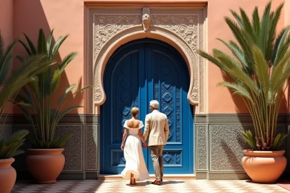 Couple visitant l'entrée d'une villa traditionnelle marocaine à Marrakech avec porte en cèdre sculpté et zellige