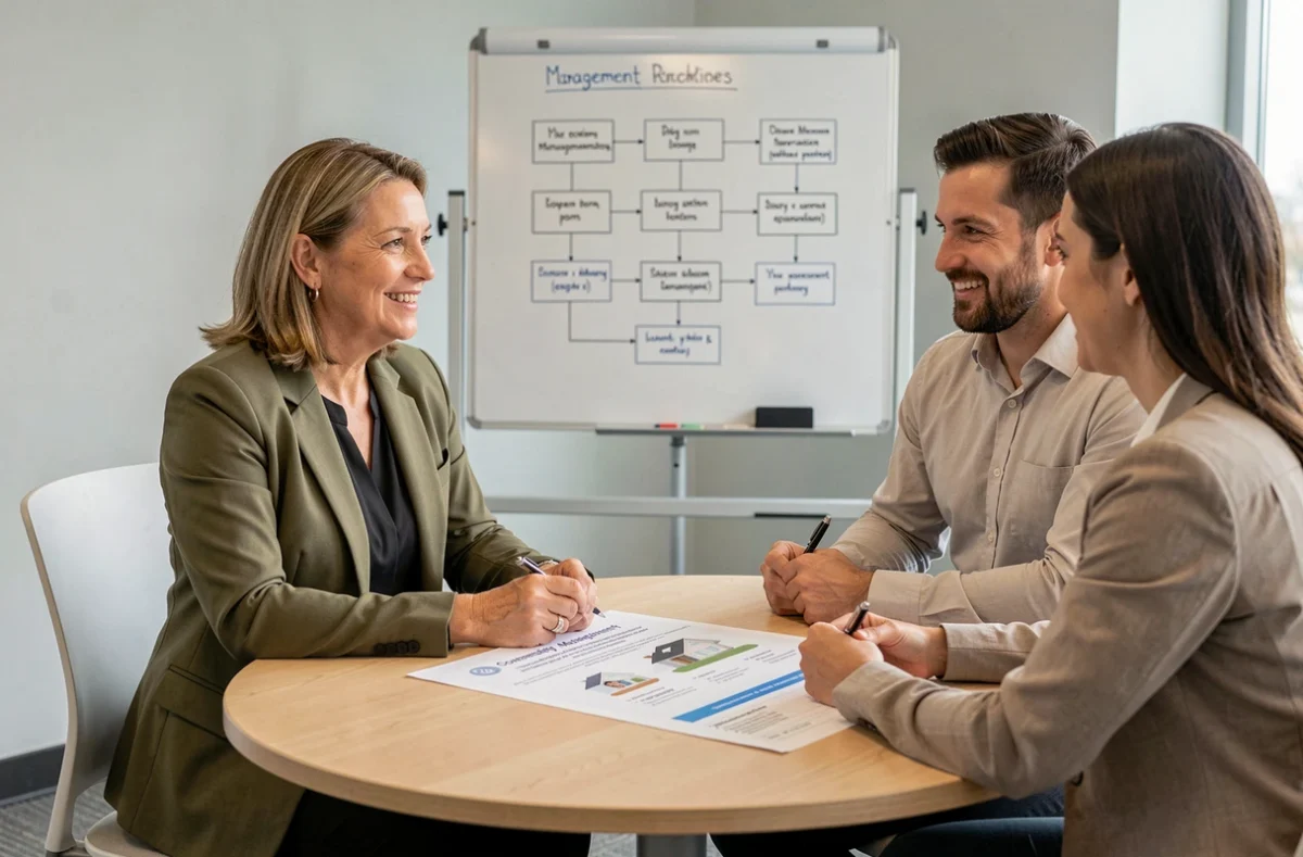 Une conseillère d'Actia Concept présentant un plan de gestion de copropriété à des clients dans une salle de réunion