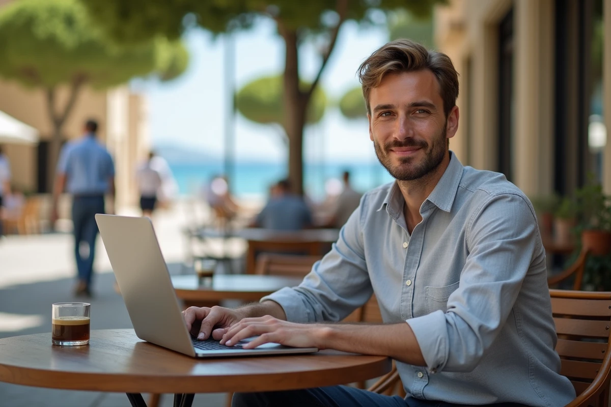 Homme actif travaillant en terrasse de café dans le quartier Fabron à Nice avec vue sur la Méditerranée en arrière-plan