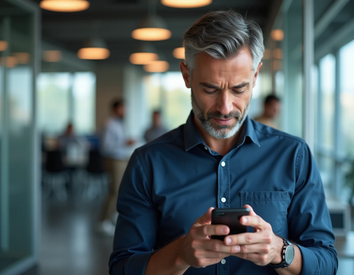 Homme activant son compte Inli sur smartphone dans un environnement de bureau professionnel