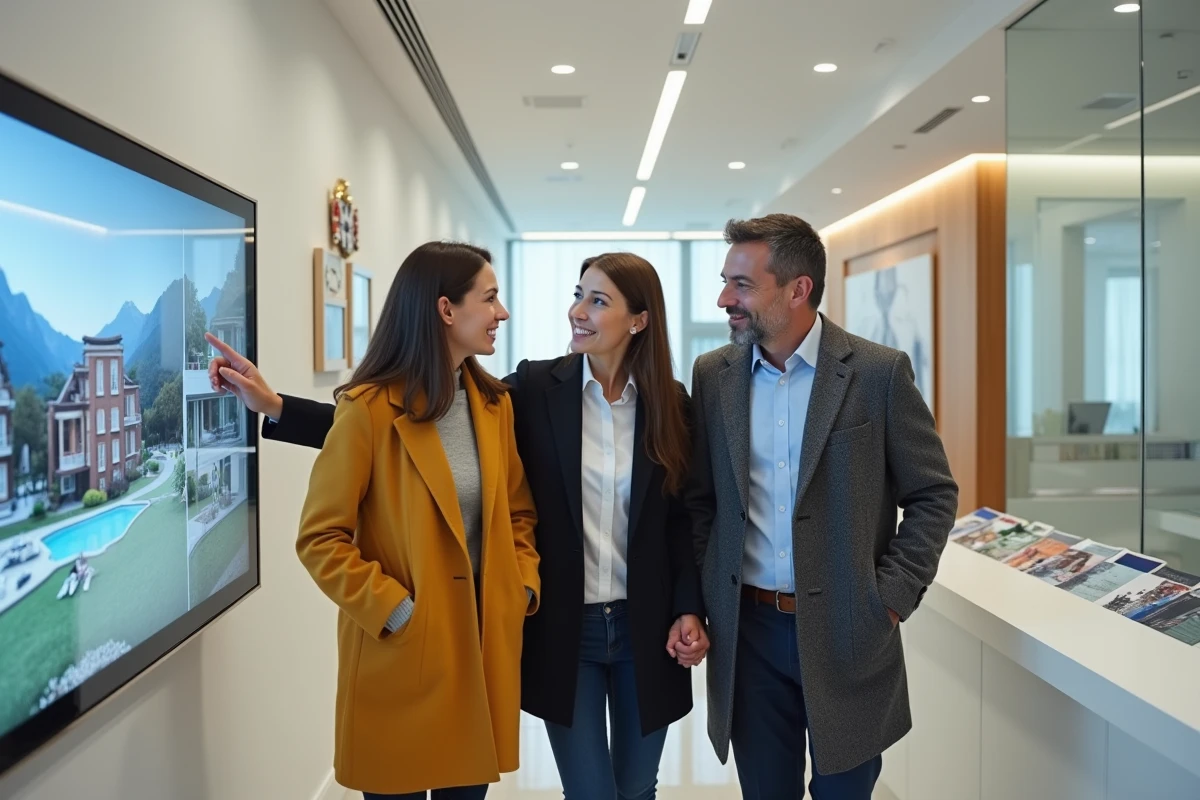 Couple de télétravailleurs en consultation immobilière dans une agence en Andorre