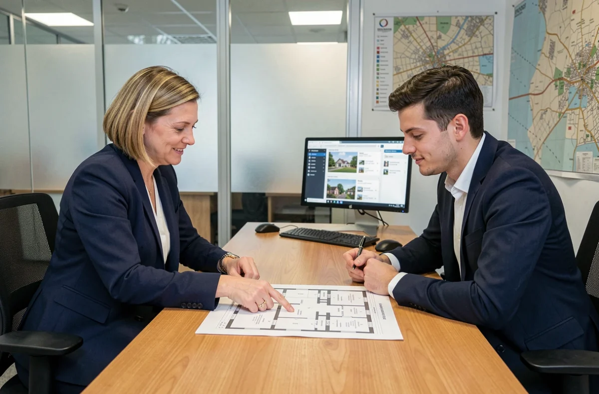 Conseillère immobilière de l'agence Dumoulin 87 accompagnant un primo-accédant dans la lecture d'un plan de bien à Limoges