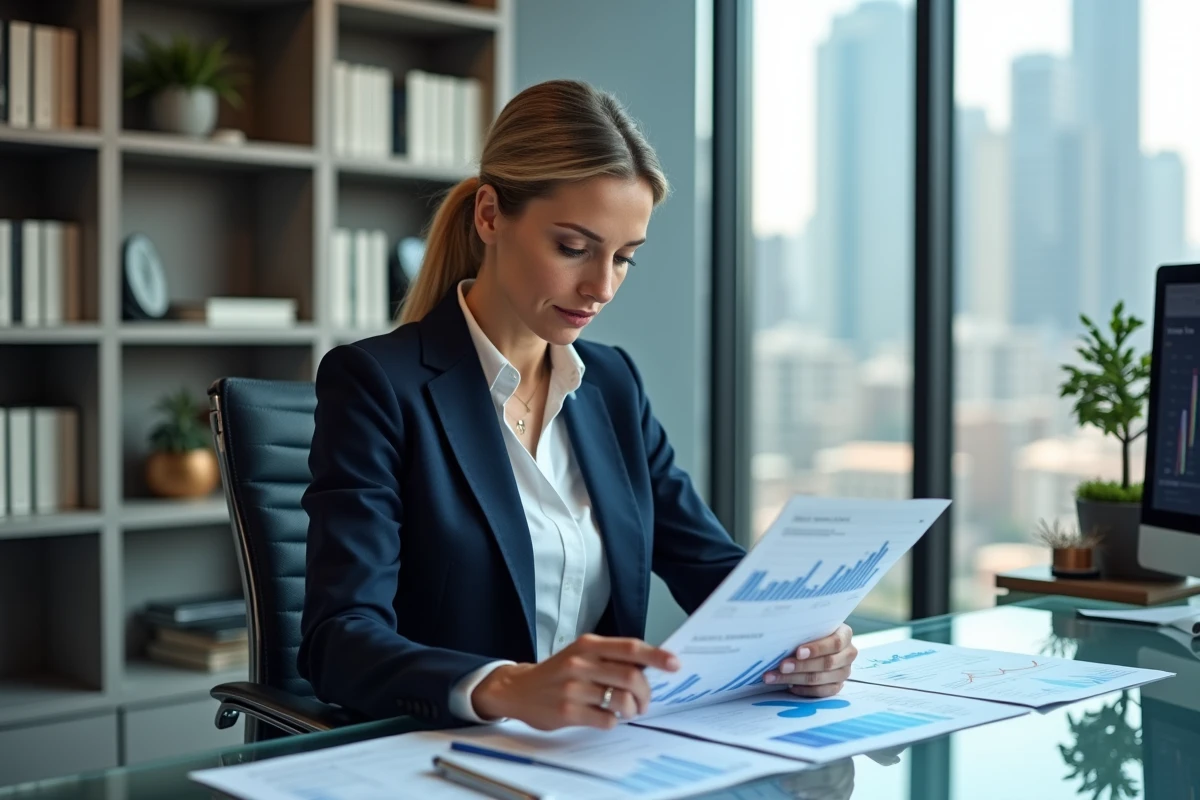 Agent immobilier de prestige analysant des données de marché immobilier dans une agence moderne avec vue sur la ville