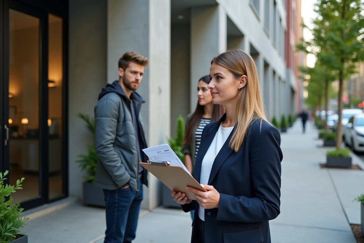 Agent immobilier présentant des annonces de location à un jeune couple devant un immeuble résidentiel moderne