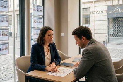Agent immobilier professionnel conseillant un client pour un achat immobilier à Lyon dans une agence moderne