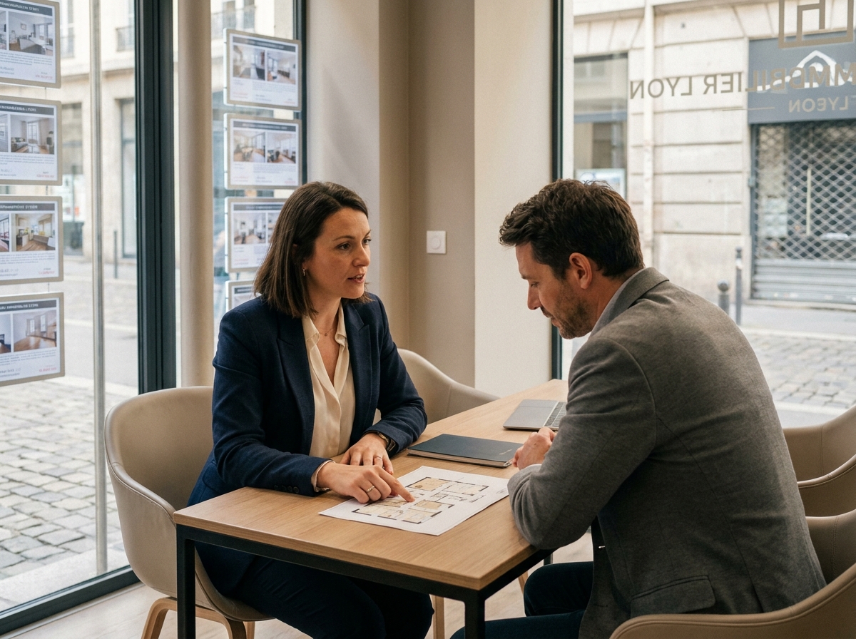 Agent immobilier professionnel conseillant un client pour un achat immobilier à Lyon dans une agence moderne