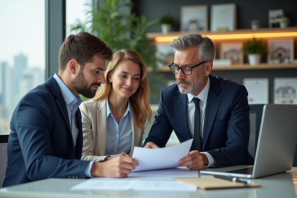 Agent immobilier en costume bleu avec couple dans bureau lumineux
