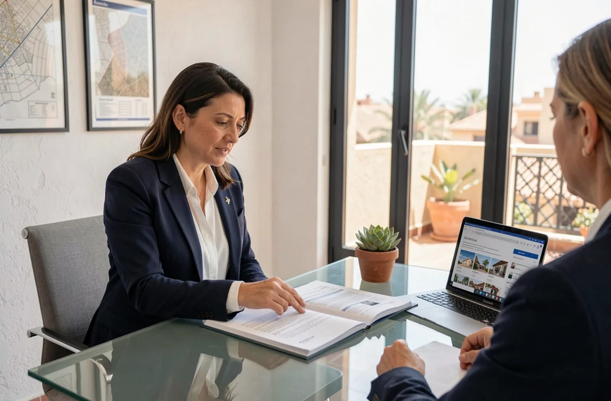 Agent immobilier expliquant les démarches administratives pour la vente d'une villa à Marrakech
