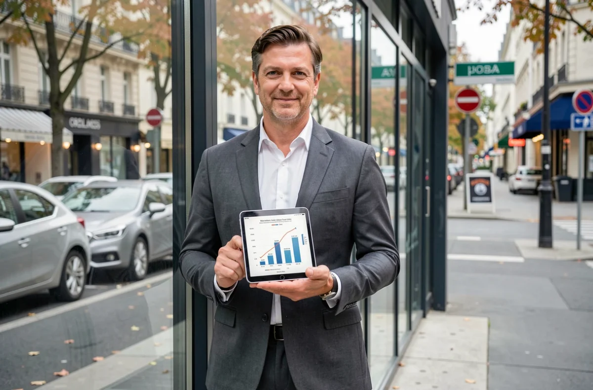 Agent immobilier tenant une tablette avec des données de marché comparatives devant une agence en ville, illustrant l'analyse des prix entre portails immobiliers