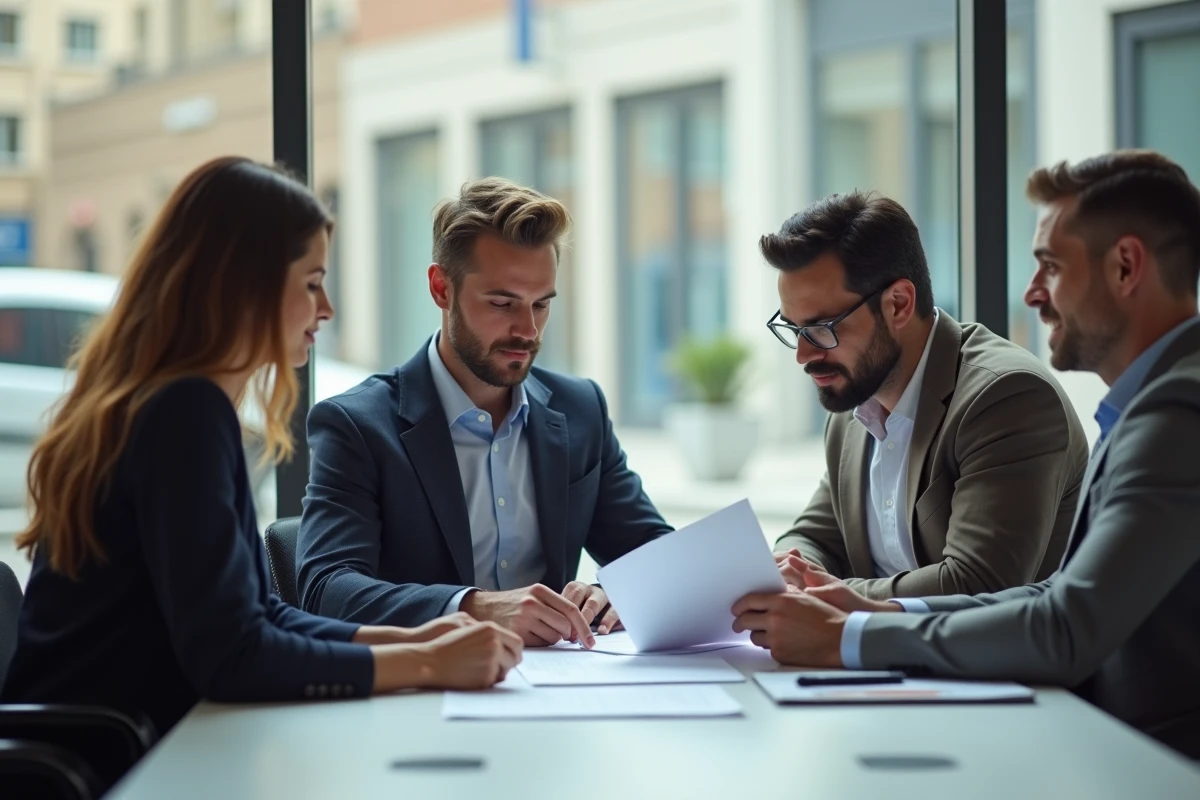 Agent immobilier expliquant les clauses d'un bail locatif à un couple de locataires en agence