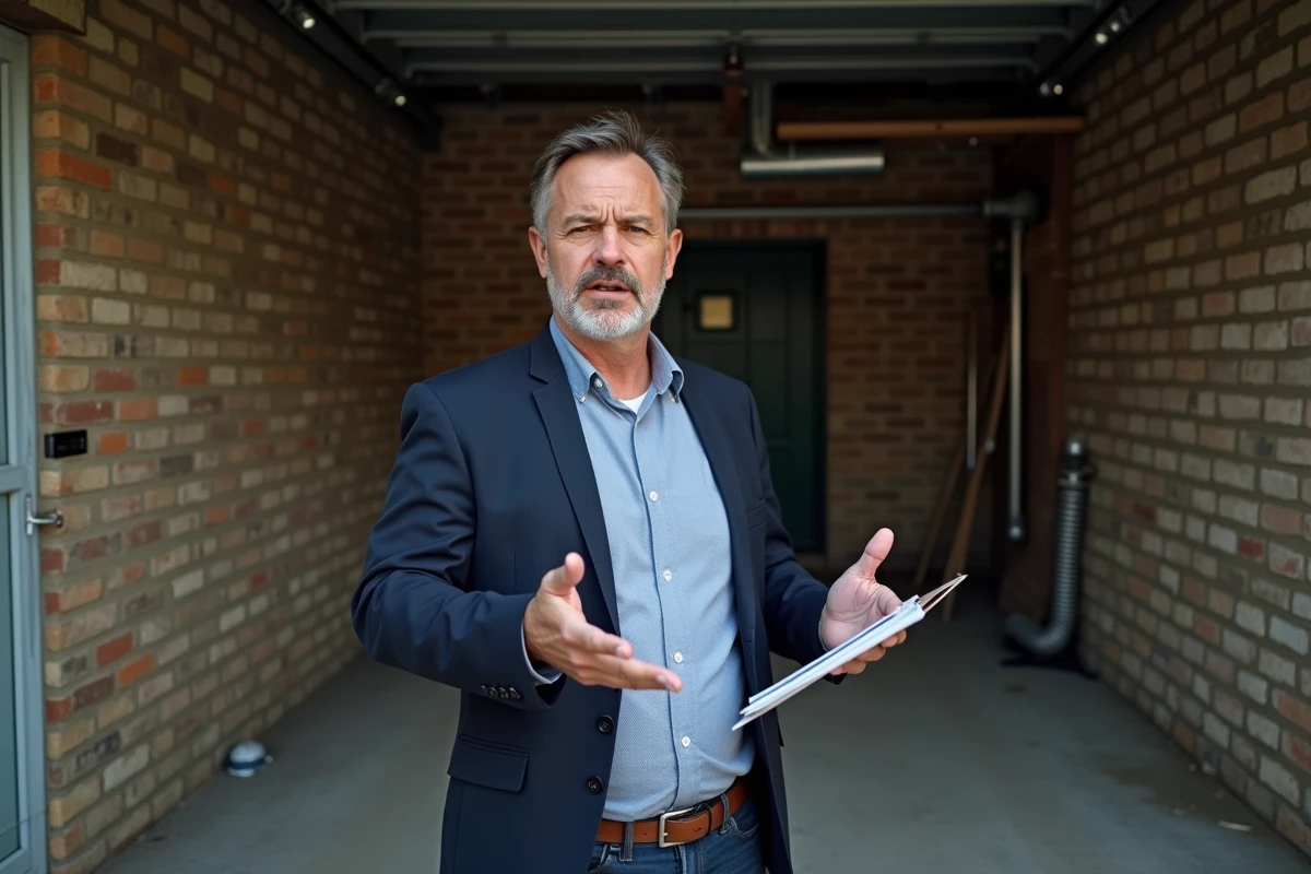 Agent immobilier expliquant les caractéristiques d'un garage mitoyen à l'intérieur d'une maison lors d'une visite