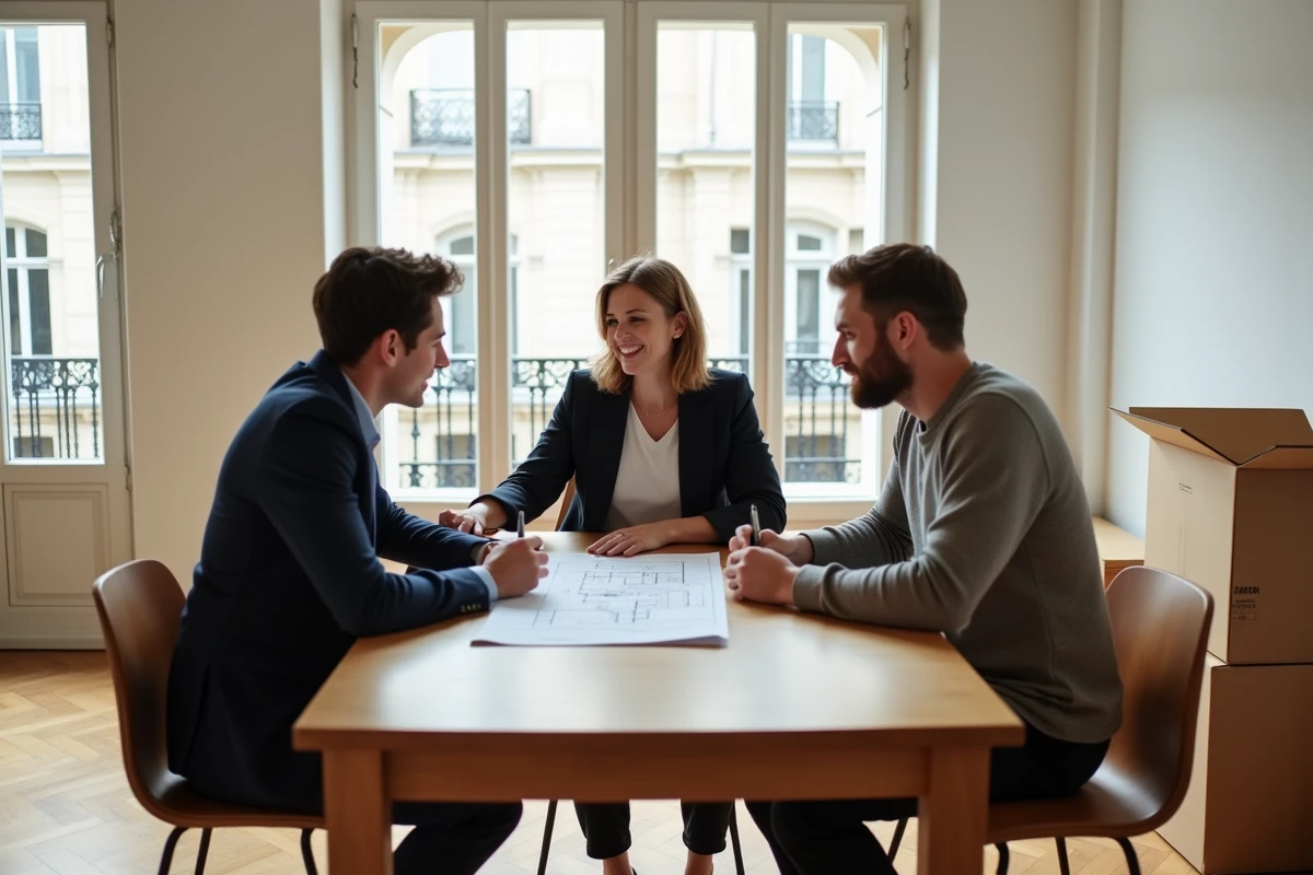 Agent immobilier Lyon présentant un plan d'appartement à un couple lors d'une signature de contrat