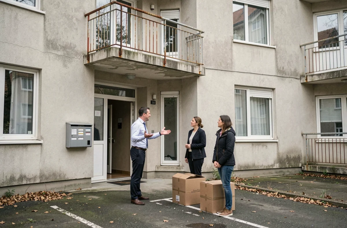 Agent immobilier présentant un appartement à un couple avec cartons dans la cour d'un immeuble vieillissant de Brive-la-Gaillarde