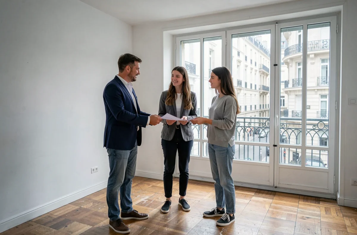 Agent immobilier remettant un contrat de location à un couple de nouveaux locataires dans un appartement vide