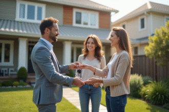 Agent immobilier remettant les clés à un couple souriant devant une maison moderne