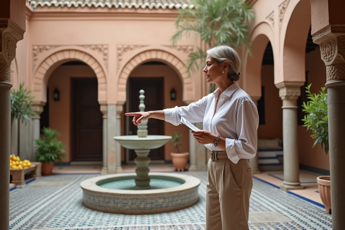 Agent immobilier présentant la cour intérieure d'un petit riad à vendre à Marrakech avec fontaine centrale en zellige et colonnes en bois de cèdre