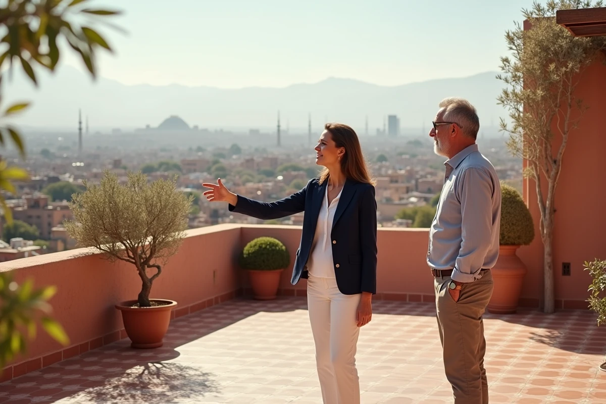 Agent immobilier présentant une terrasse de villa à Marrakech avec vue sur les toits et l'Atlas