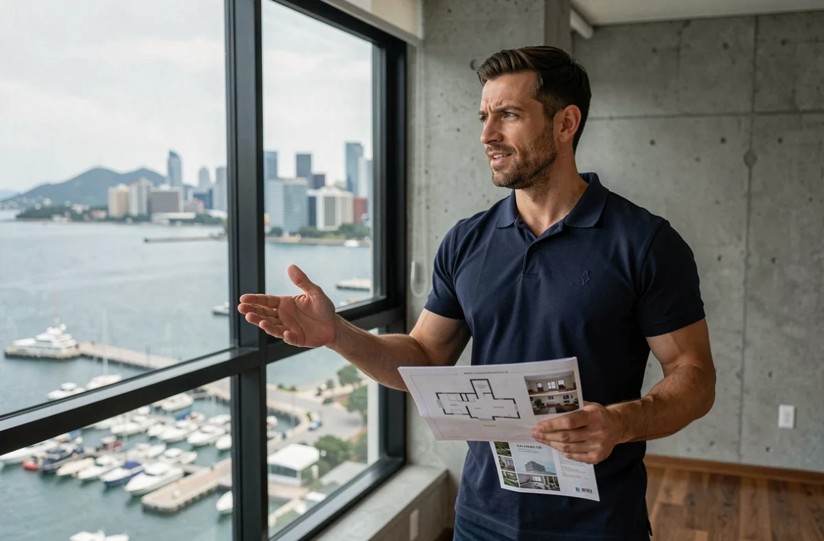 Agent immobilier présentant un appartement avec vue sur le port lors d'une visite pour achat en vue de location saisonnière