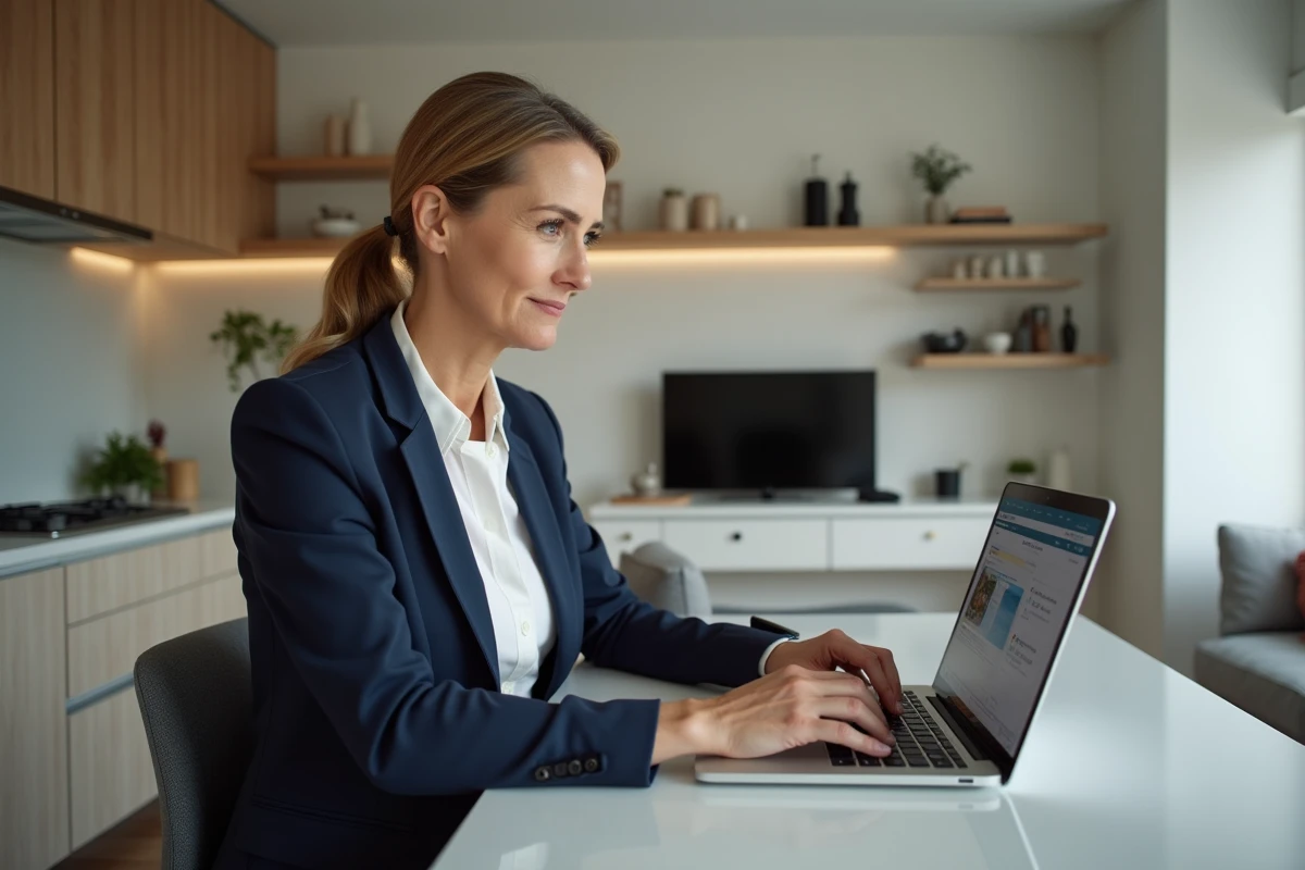 Agente immobilière paramétrant un logiciel d'estimation de bien immobilier depuis un appartement témoin