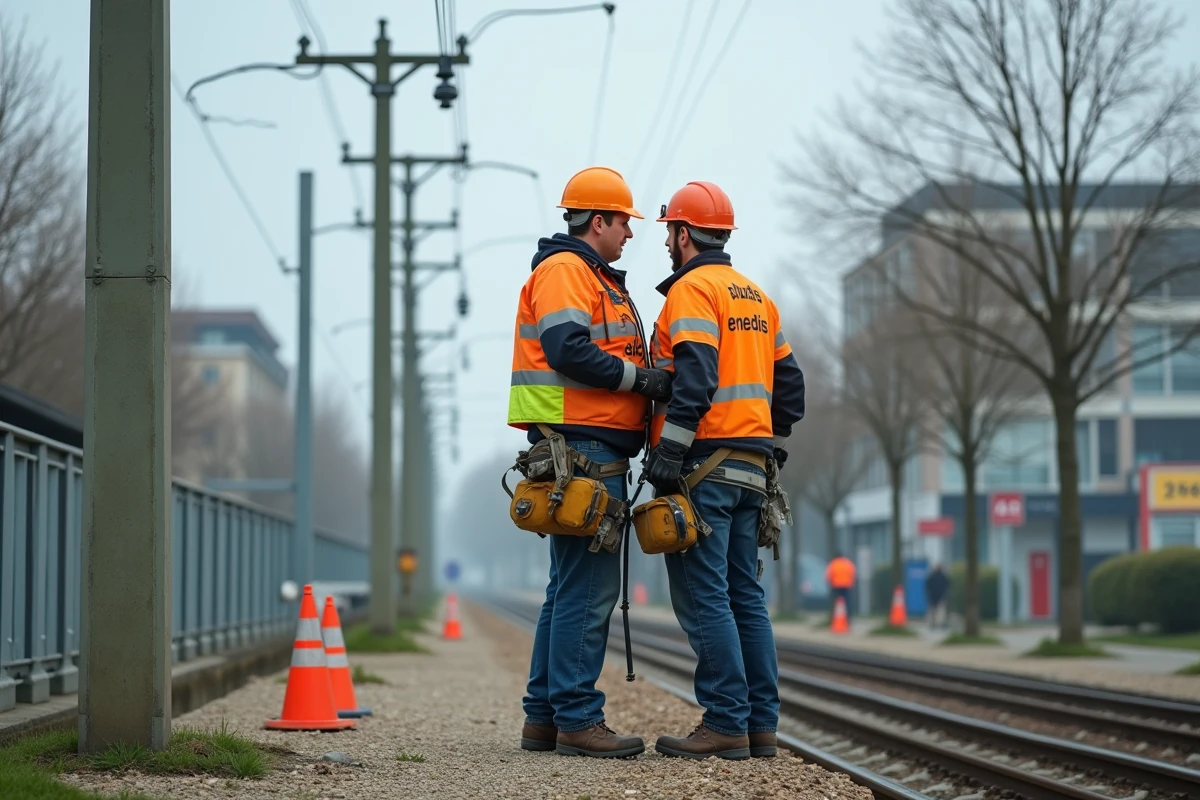 Agents Enedis travaillant sur une ligne électrique aérienne en banlieue parisienne