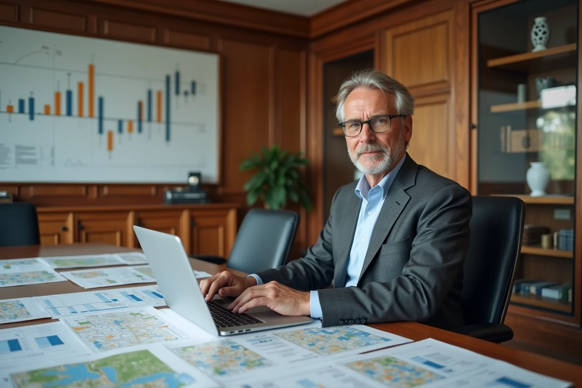 Analyste immobilier examinant des données de marché et cartes de quartier pour une estimation de bien de prestige
