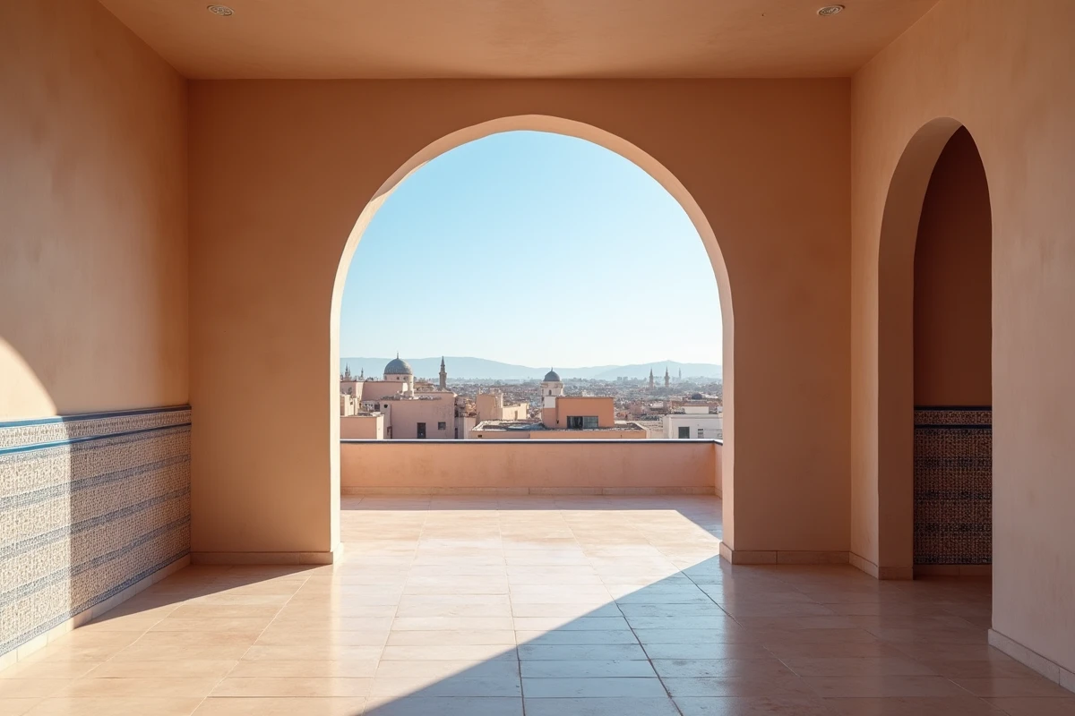 Intérieur d'un appartement moderne à vendre à Marrakech avec vue sur la médina et finitions en tadelakt