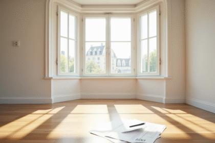 Appartement vide lumineux avec document fiscal et stylo