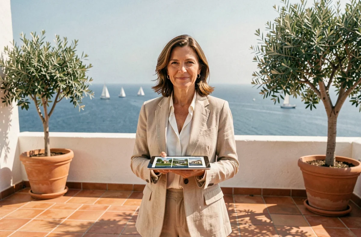 Femme investisseuse sur une terrasse avec vue mer d'un appartement méditerranéen à vendre pour location saisonnière