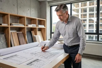 Architecte analysant des indices de coût de construction sur des plans et tableaux statistiques dans un bureau moderne