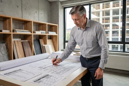 Architecte analysant des indices de coût de construction sur des plans et tableaux statistiques dans un bureau moderne