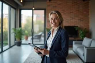 Architecte femme en costume navy dans un loft moderne