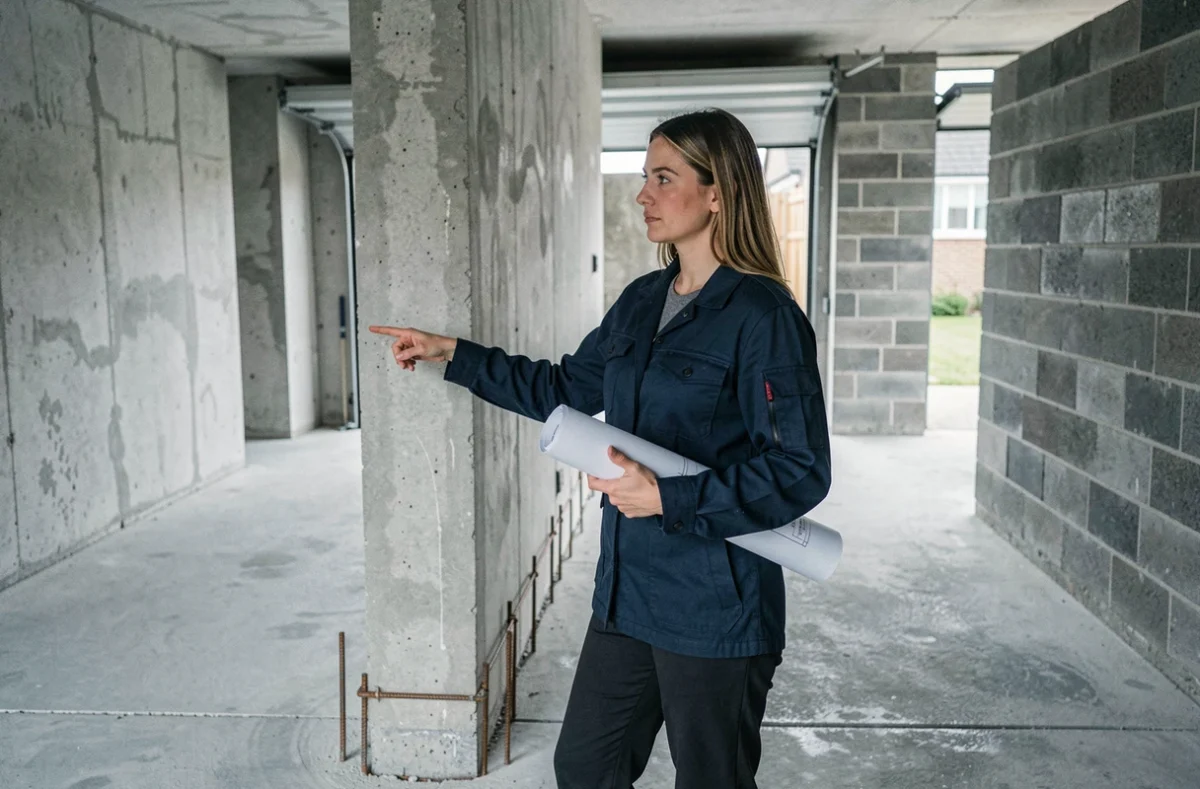 Architecte examinant les fondations et le mur mitoyen d'un garage partagé entre deux maisons jumelées