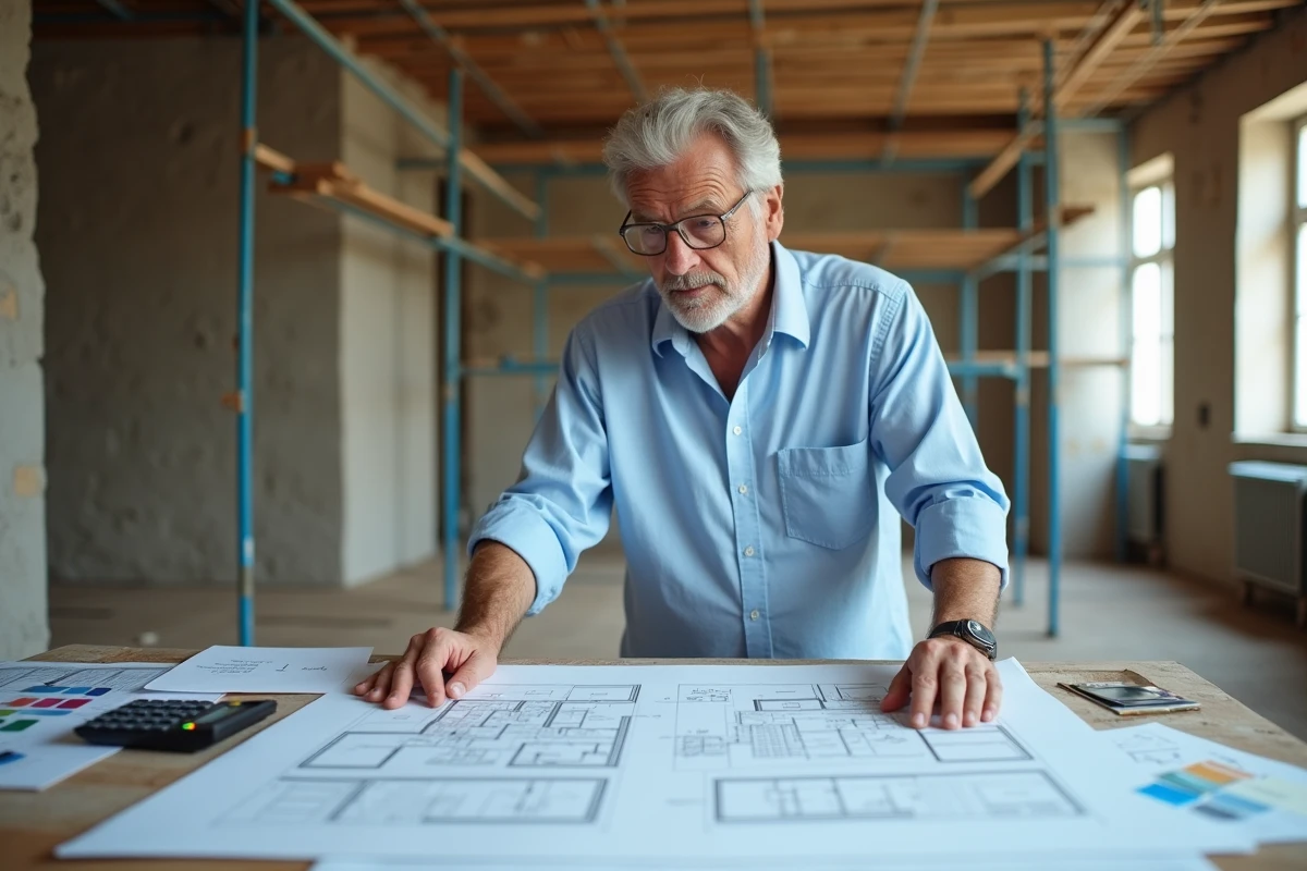 Architecte examinant des plans de rénovation sur un chantier appartement haussmannien pour estimer la plus-value travaux