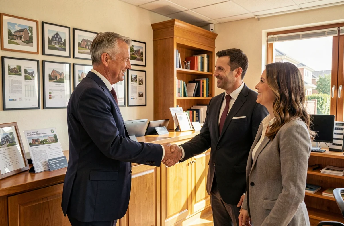 Un conseiller d'Ardouin Immobilier accueillant des clients dans l'agence avec professionnalisme