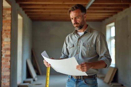 Artisan homme concentré sur un plan de rénovation intérieur