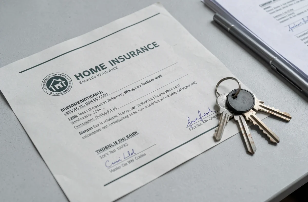 Attestation d'assurance habitation, clés d'appartement et documents administratifs vus de dessus sur un bureau