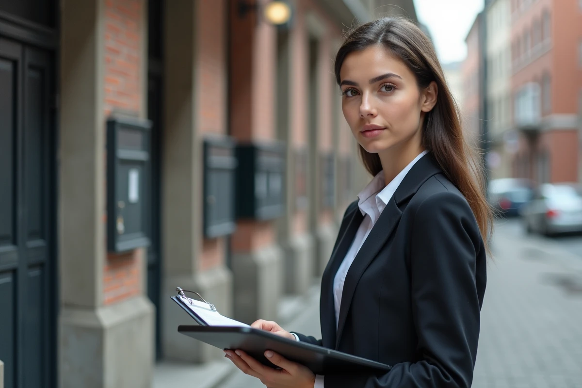 Jeune femme auditrice en extérieur inspectant un immeuble