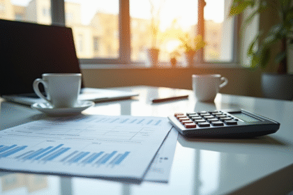Bureau moderne d'un conseiller financier avec calculatrice et documents