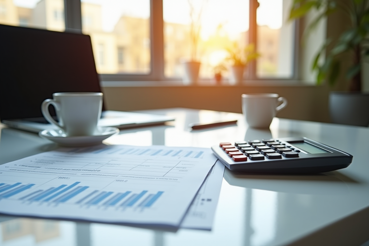 Bureau moderne d'un conseiller financier avec calculatrice et documents