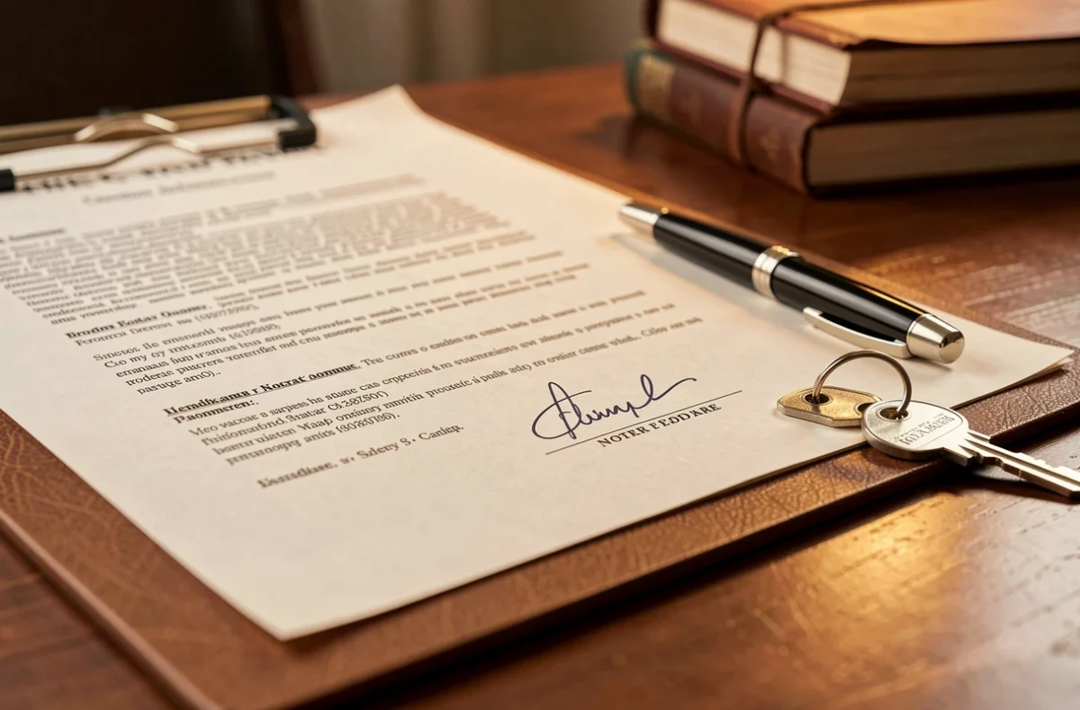 Bureau de notaire avec documents signés et clé de maison