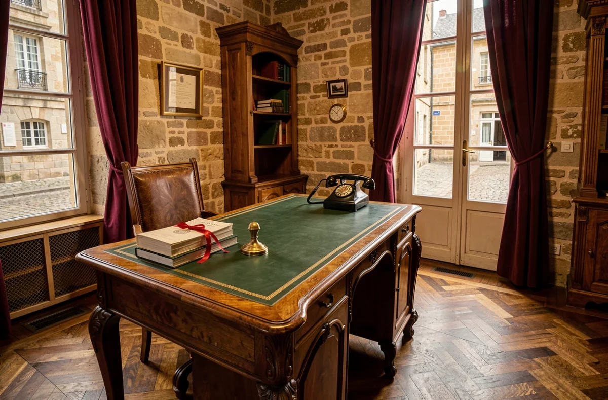 Bureau de notaire traditionnel à Limoges avec cachet officiel, actes notariés et architecture en pierre du Limousin