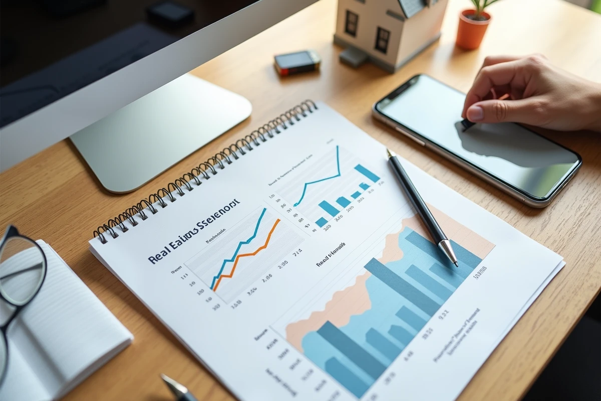 Vue en plongée d'un bureau avec un rapport d'estimation immobilière imprimé, un smartphone et des notes manuscrites