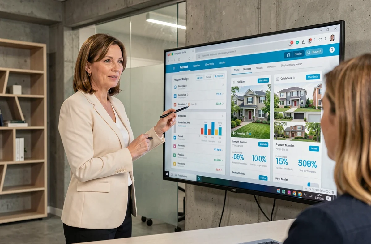 Conseillère du Cabinet Nardi présentant des données de gestion locative sur un écran tactile dans un bureau moderne